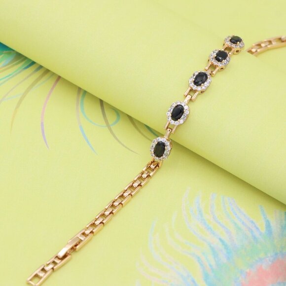 "Elegant Rose Gold Oval Black Stone Bracelet with Crystal Halos, XPBL0736 - Picture 6 of 12